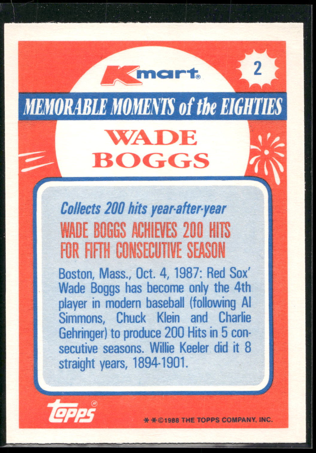 1988 Topps Kmart Memorable Moments #2 Wade Boggs