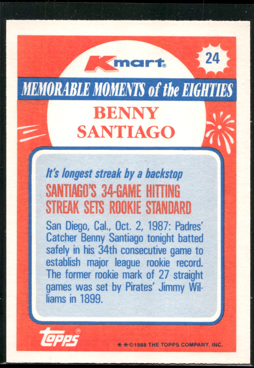 1988 Topps Kmart Memorable Moments #24 Benny Santiago