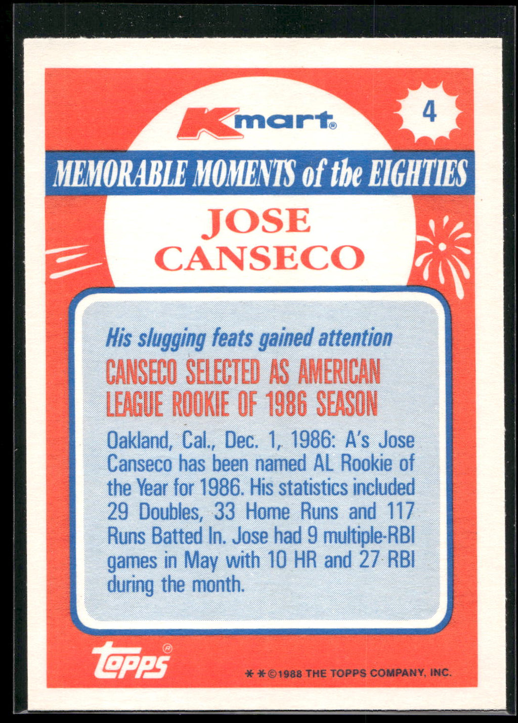 1988 Topps Kmart Memorable Moments #4 Jose Canseco