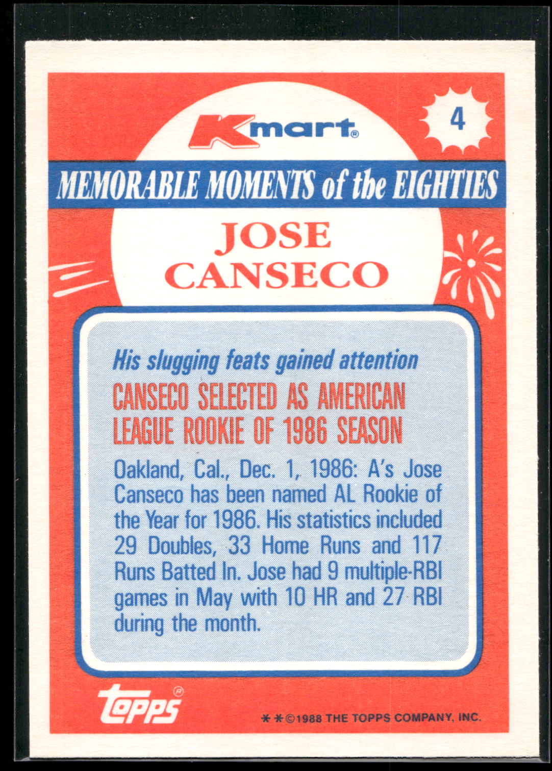 1988 Topps Kmart Memorable Moments #4 Jose Canseco