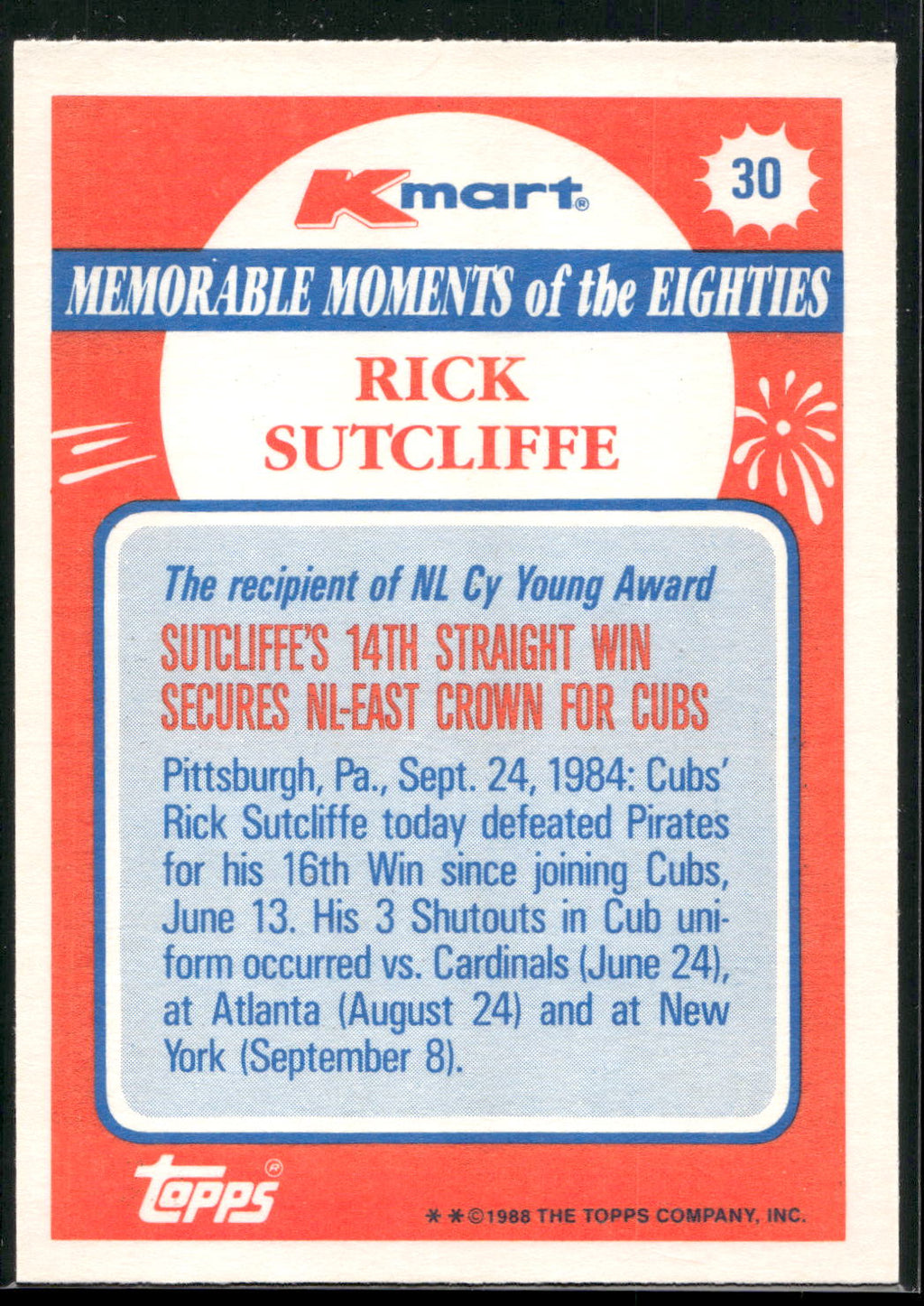 1988 Topps Kmart Memorable Moments #30 Rick Sutcliffe
