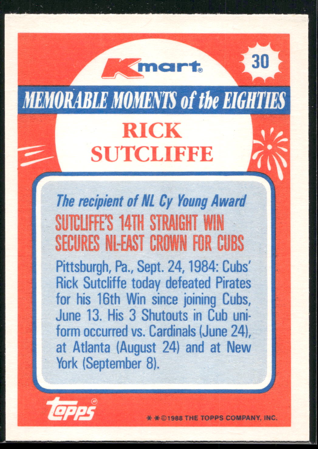 1988 Topps Kmart Memorable Moments #30 Rick Sutcliffe