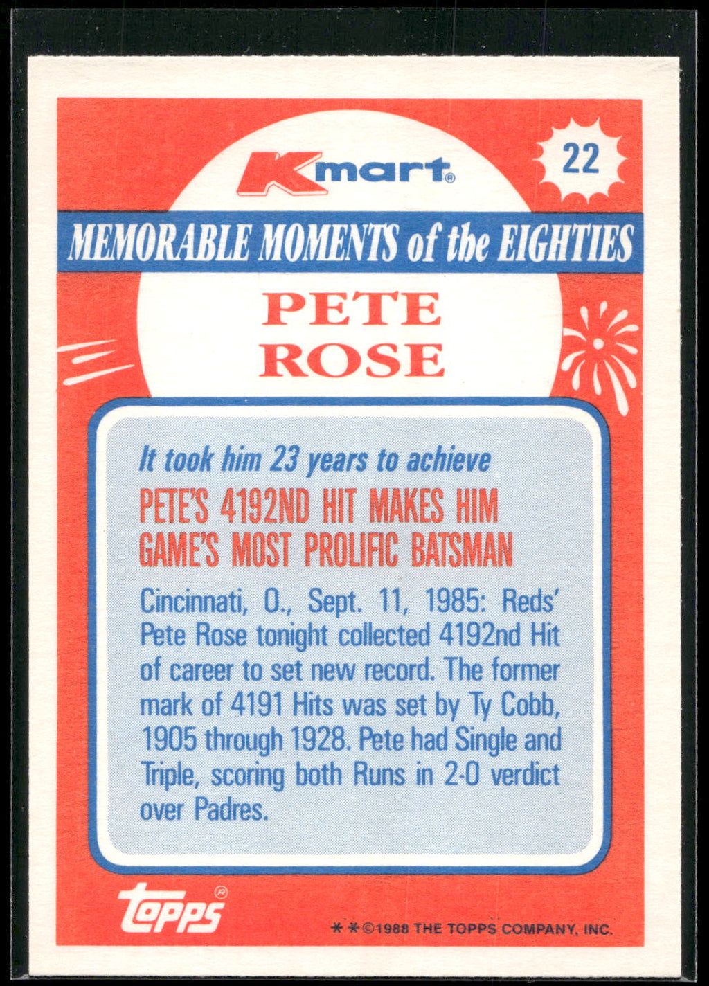 1988 Topps Kmart Memorable Moments #22 Pete Rose