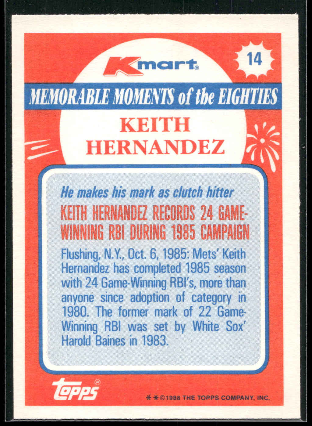 1988 Topps Kmart Memorable Moments #14 Keith Hernandez