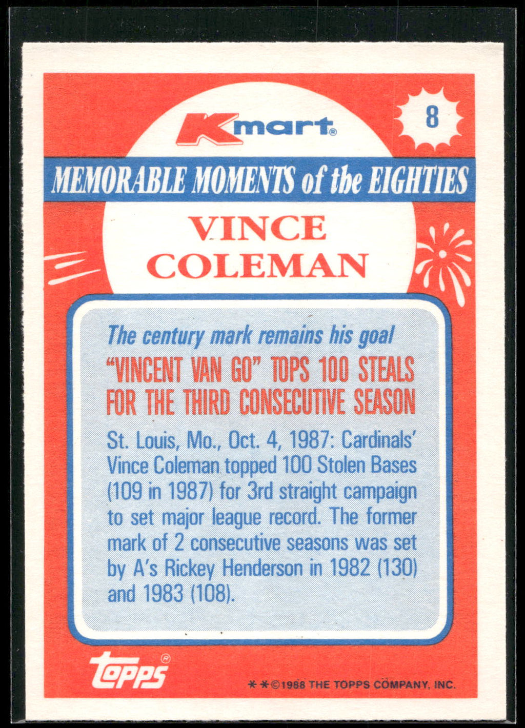 1988 Topps Kmart Memorable Moments #8 Vince Coleman