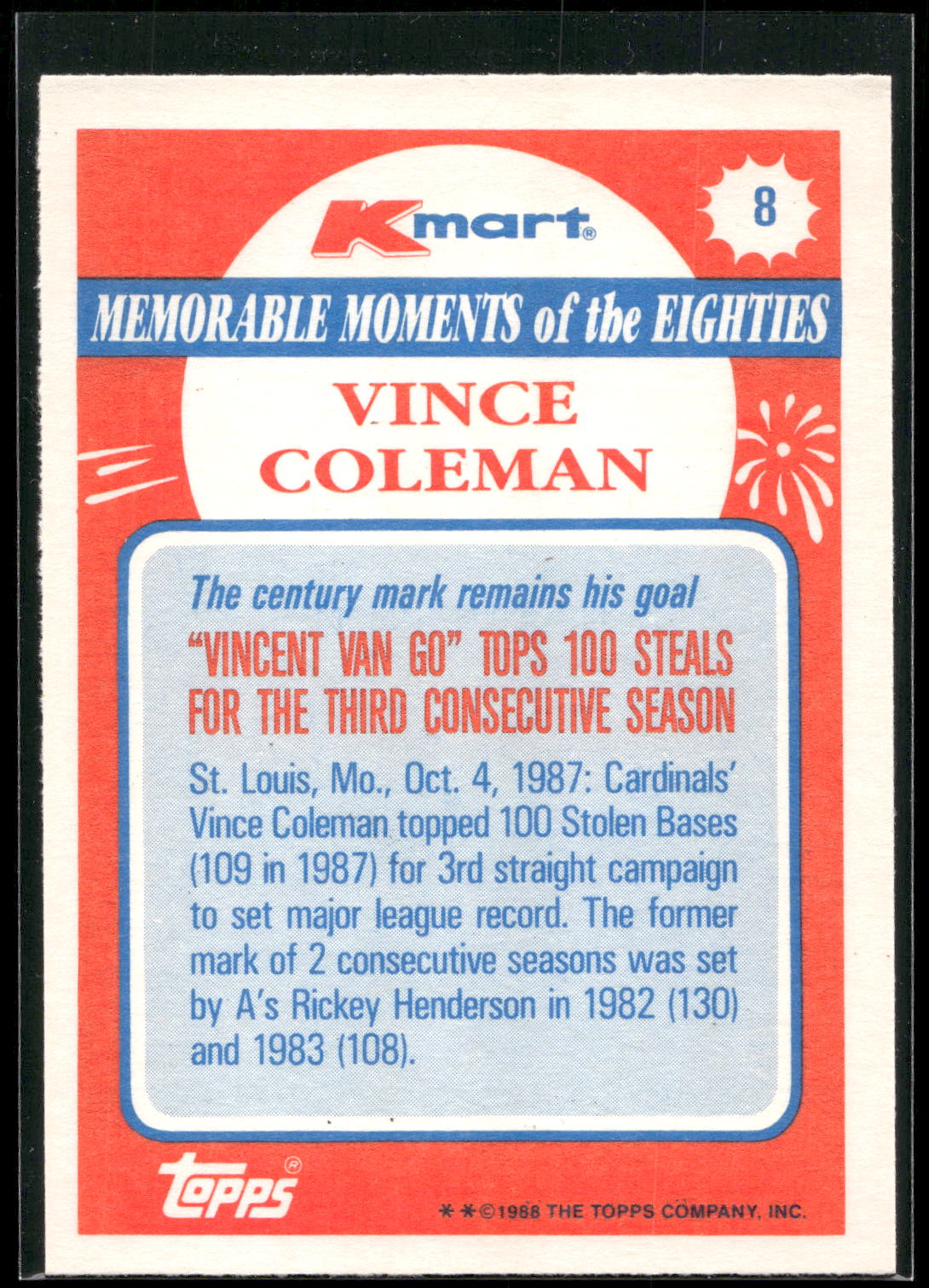 1988 Topps Kmart Memorable Moments #8 Vince Coleman