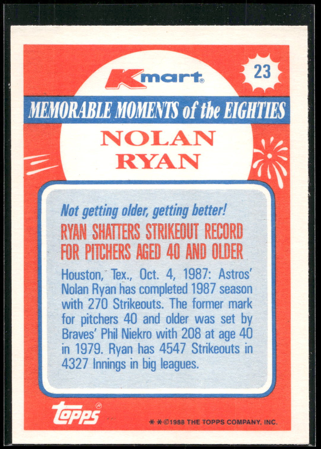 1988 Topps Kmart Memorable Moments #23 Nolan Ryan