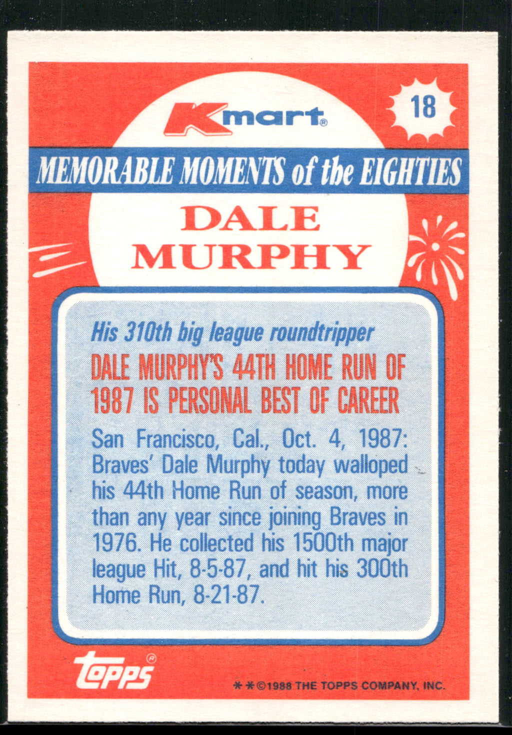 1988 Topps Kmart Memorable Moments #18 Dale Murphy