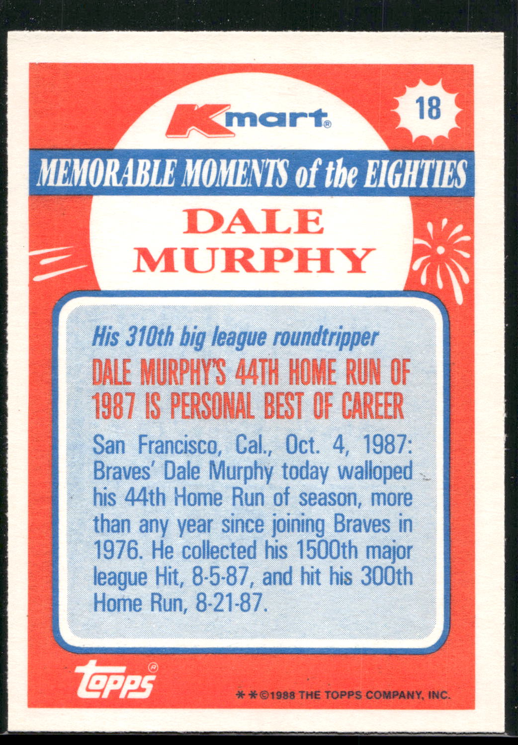 1988 Topps Kmart Memorable Moments #18 Dale Murphy