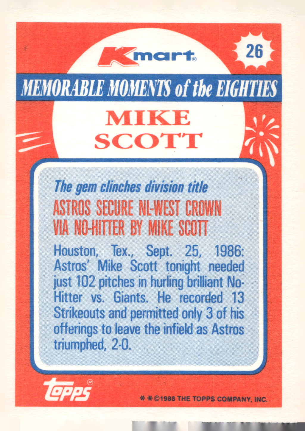 1988 Topps Kmart Memorable Moments #26 Mike Scott