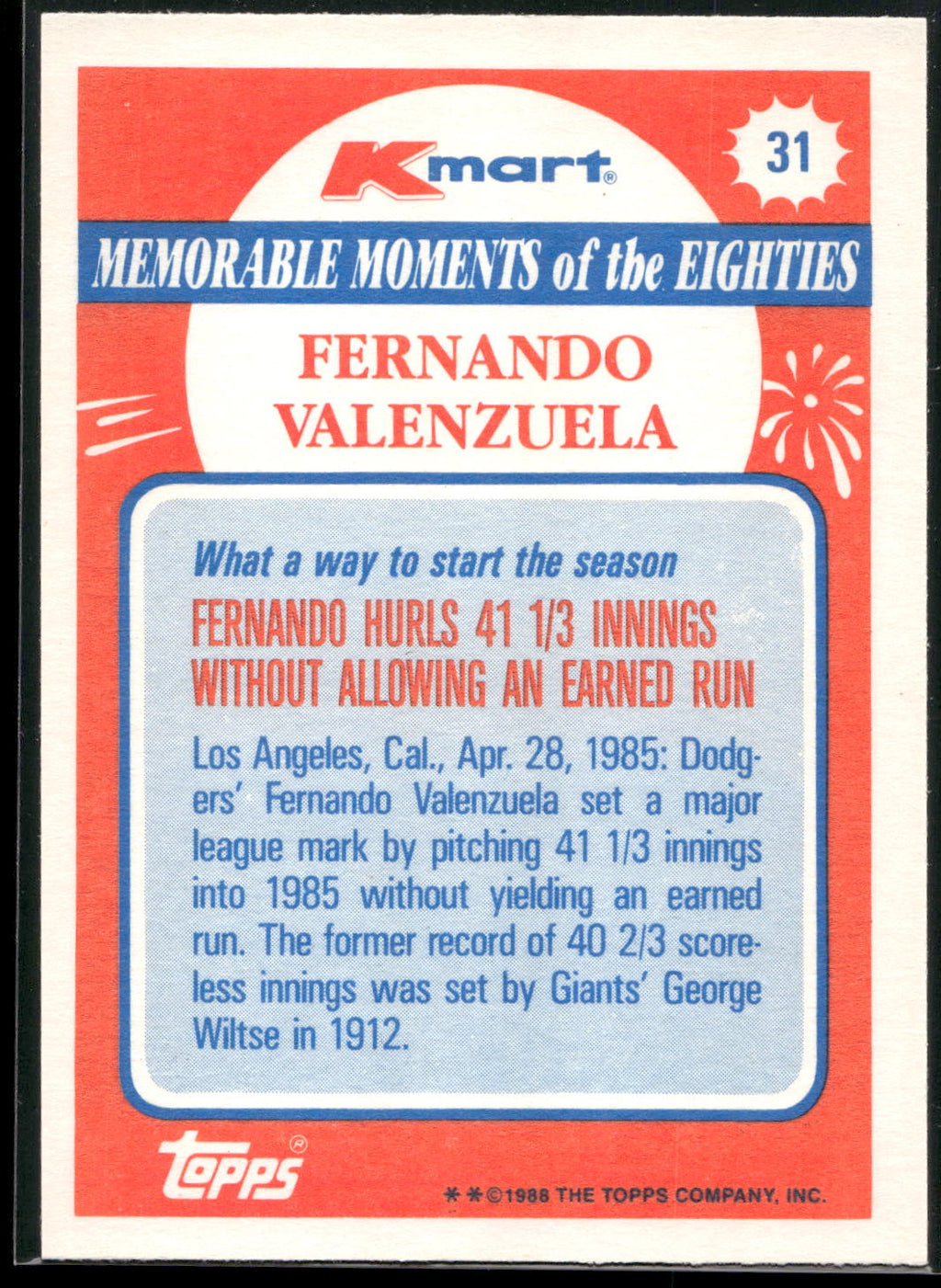 1988 Topps Kmart Memorable Moments #31 Fernando Valenzuela
