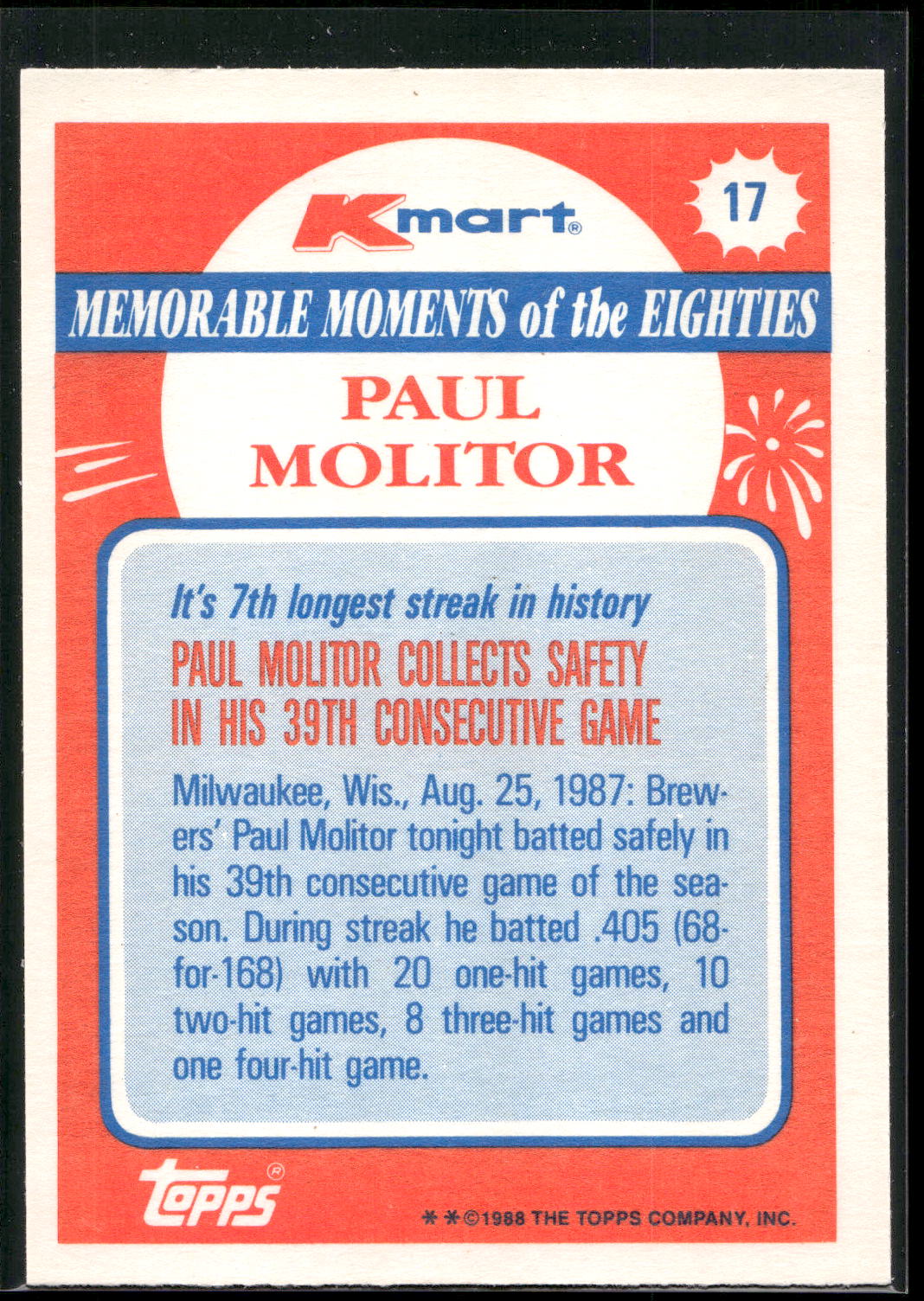 1988 Topps Kmart Memorable Moments #17 Paul Molitor