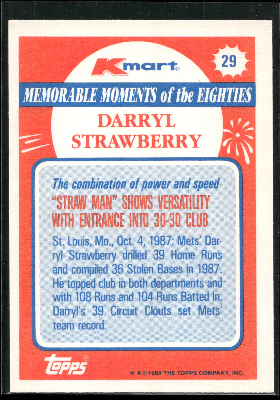 1988 Topps Kmart Memorable Moments #29 Darryl Strawberry