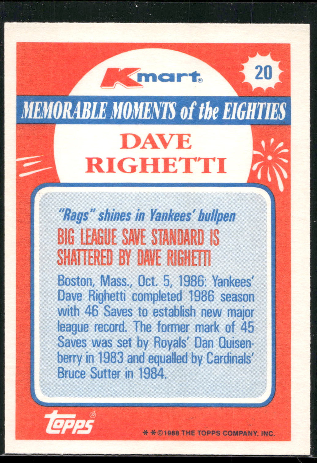 1988 Topps Kmart Memorable Moments #20 Dave Righetti