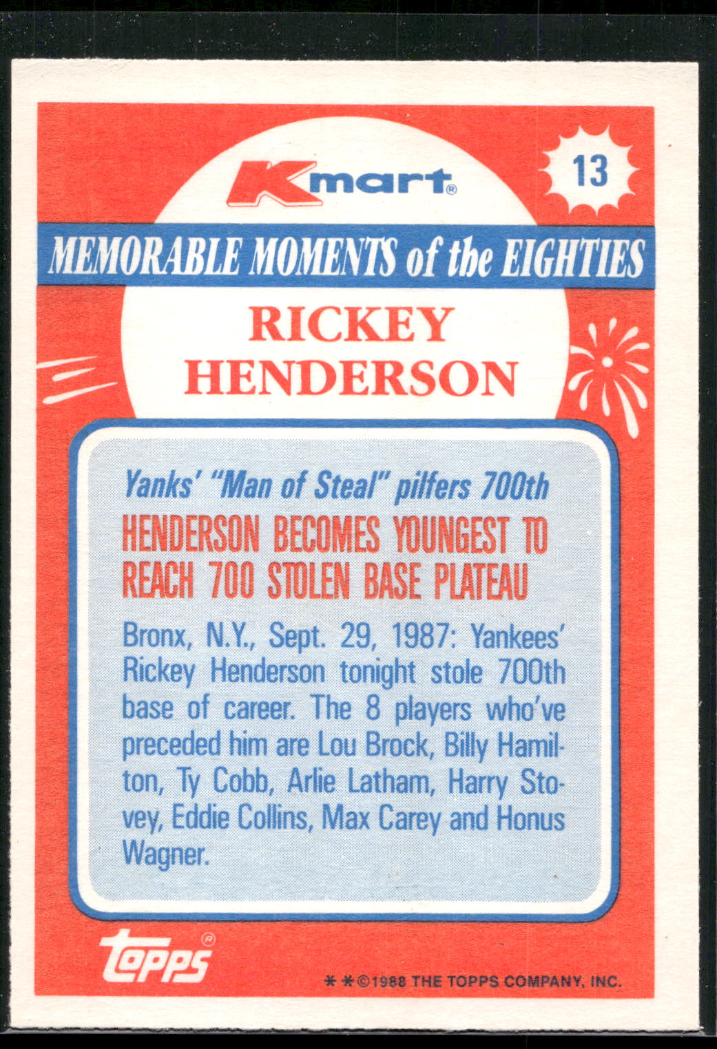 1988 Topps Kmart Memorable Moments #13 Rickey Henderson