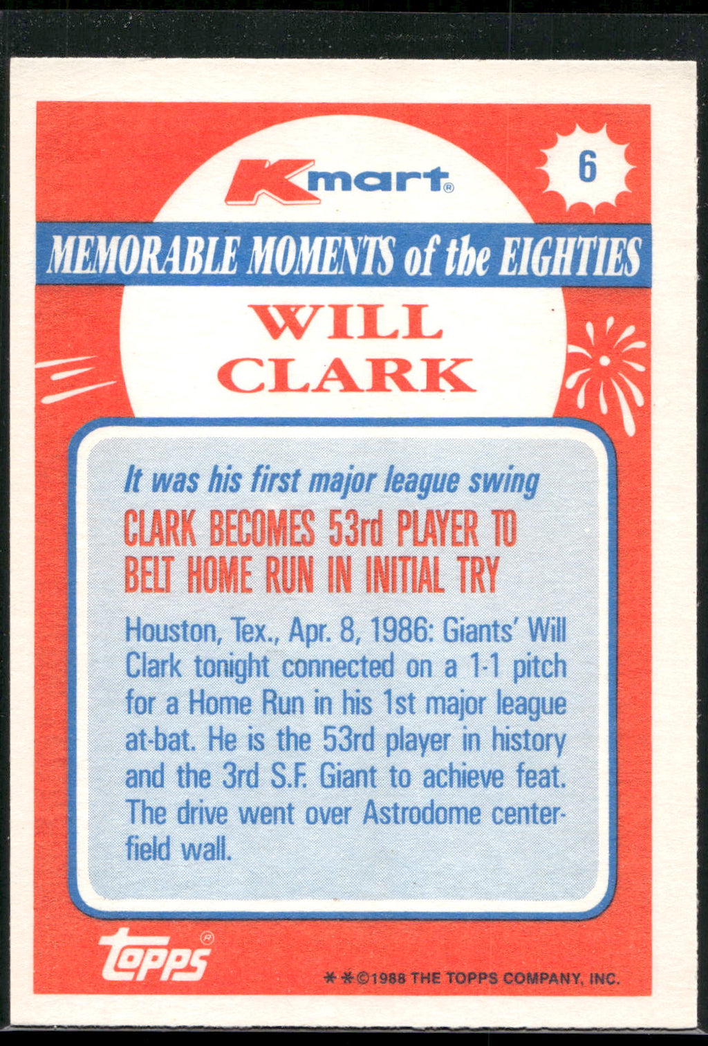 1988 Topps Kmart Memorable Moments #6 Will Clark