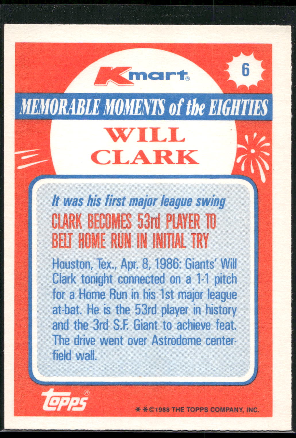 1988 Topps Kmart Memorable Moments #6 Will Clark