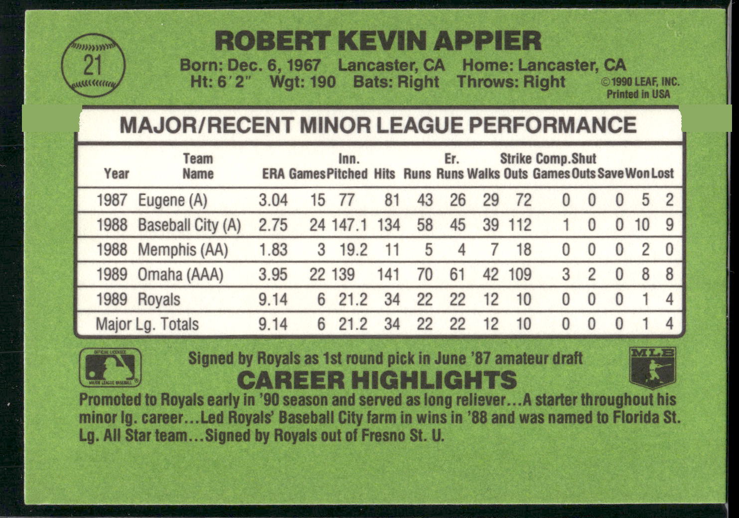 1990 Donruss The Rookies #21 Kevin Appier