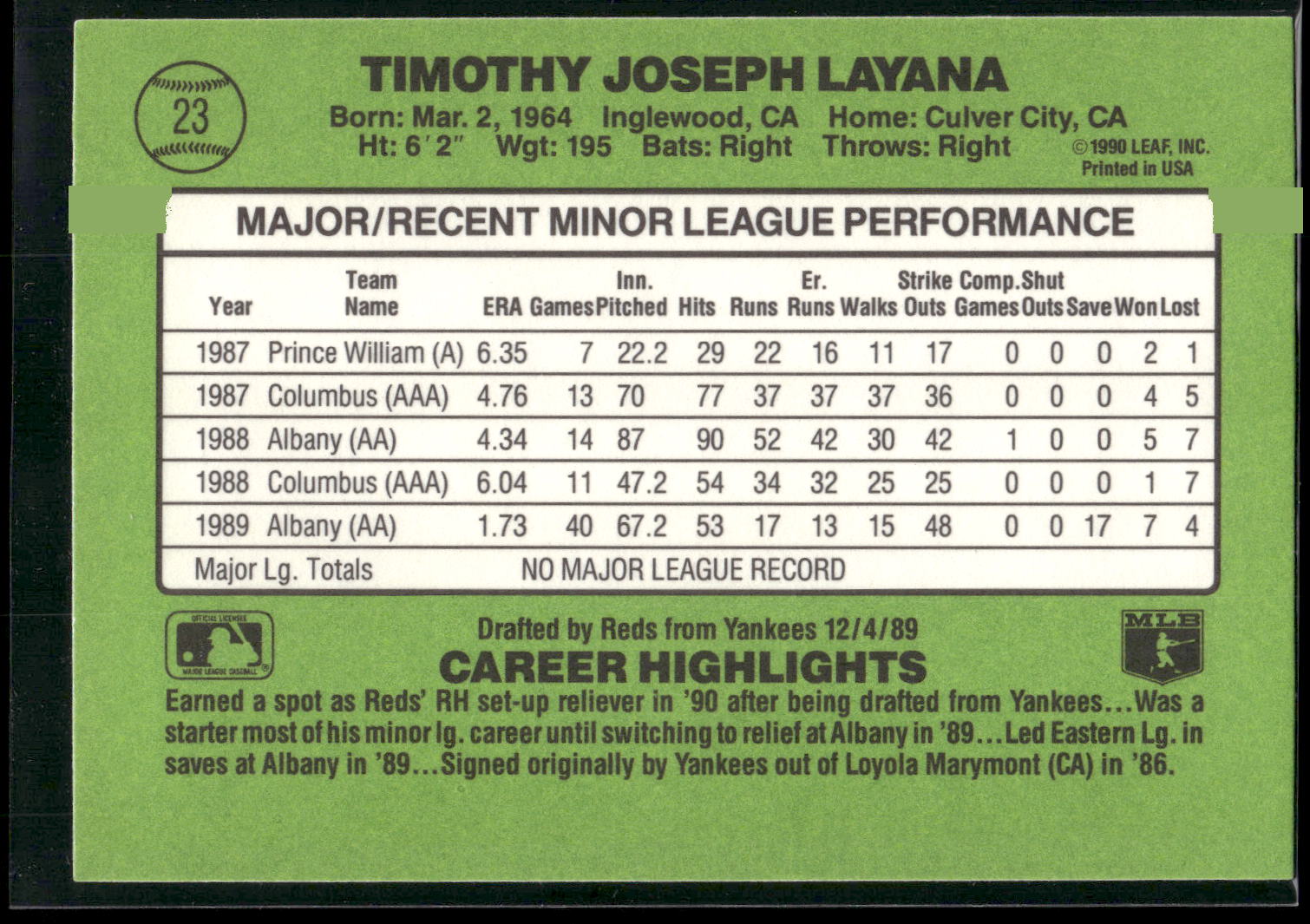 1990 Donruss The Rookies #23 Tim Layana