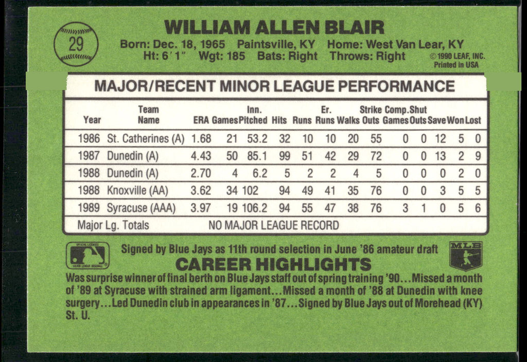1990 Donruss The Rookies #29 Willie Blair