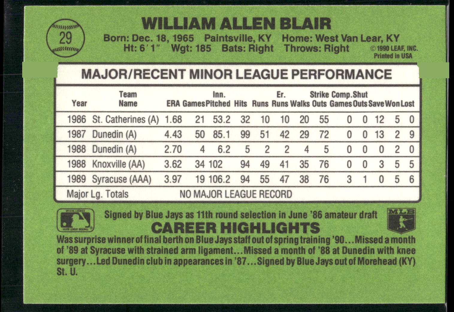 1990 Donruss The Rookies #29 Willie Blair
