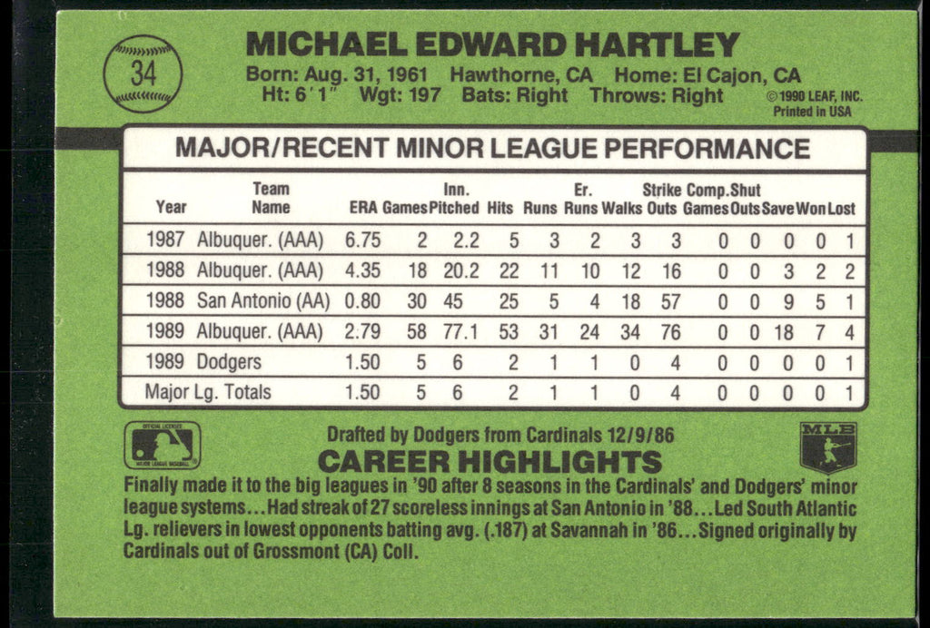1990 Donruss The Rookies #34 Mike Hartley
