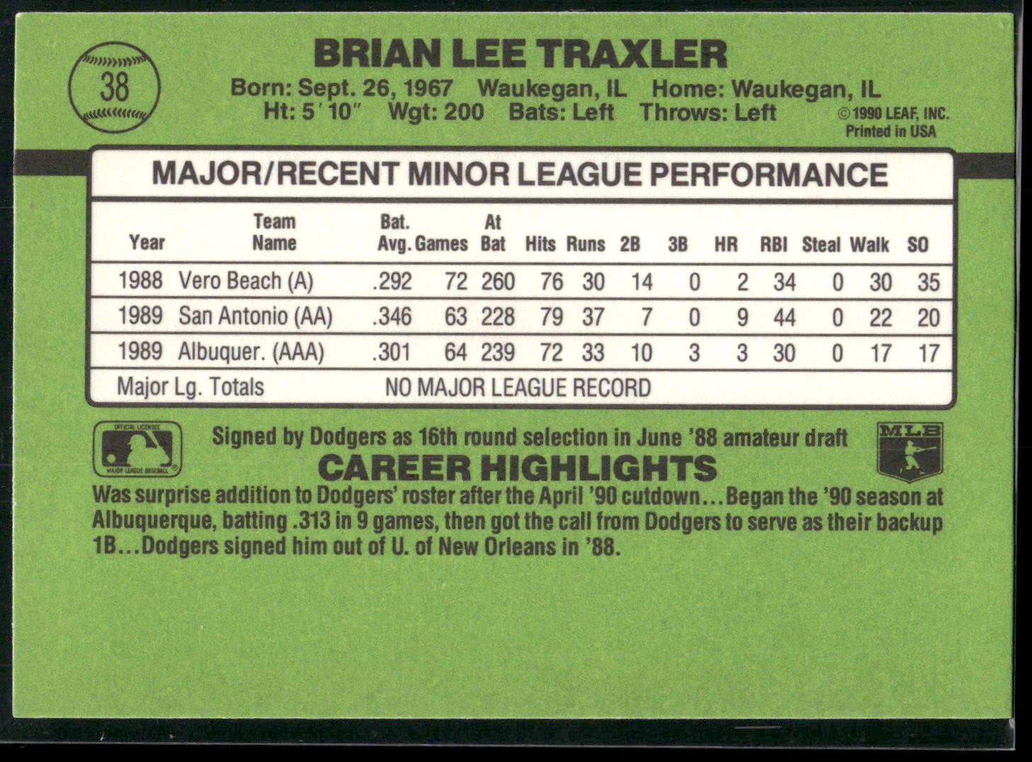 1990 Donruss The Rookies #38 Brian Traxler
