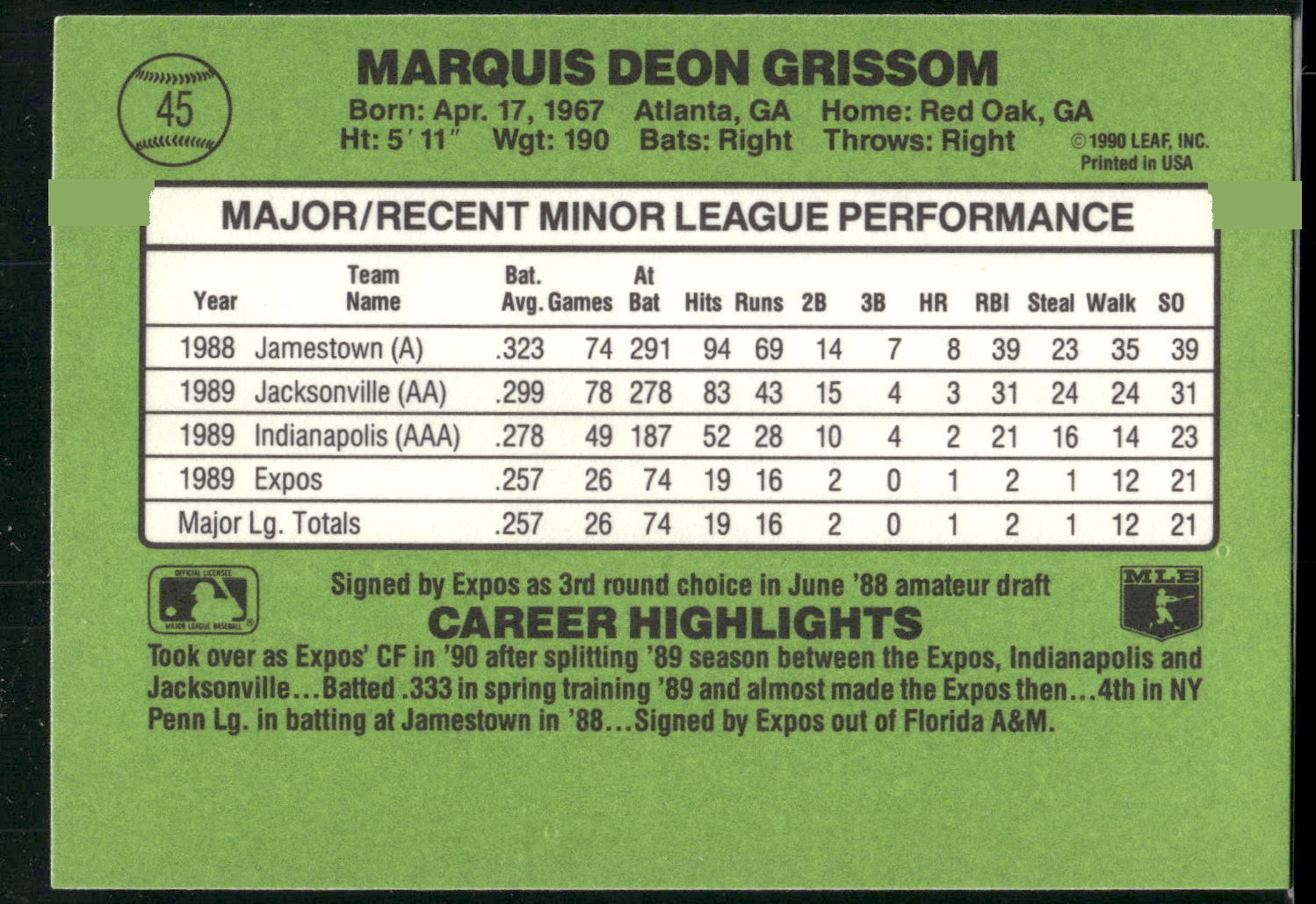 1990 Donruss The Rookies #45 Marquis Grissom