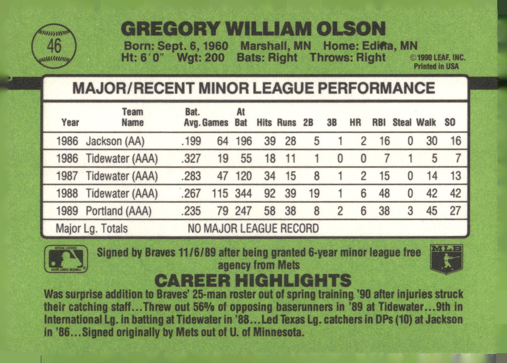 1990 Donruss The Rookies #46 Greg Olson