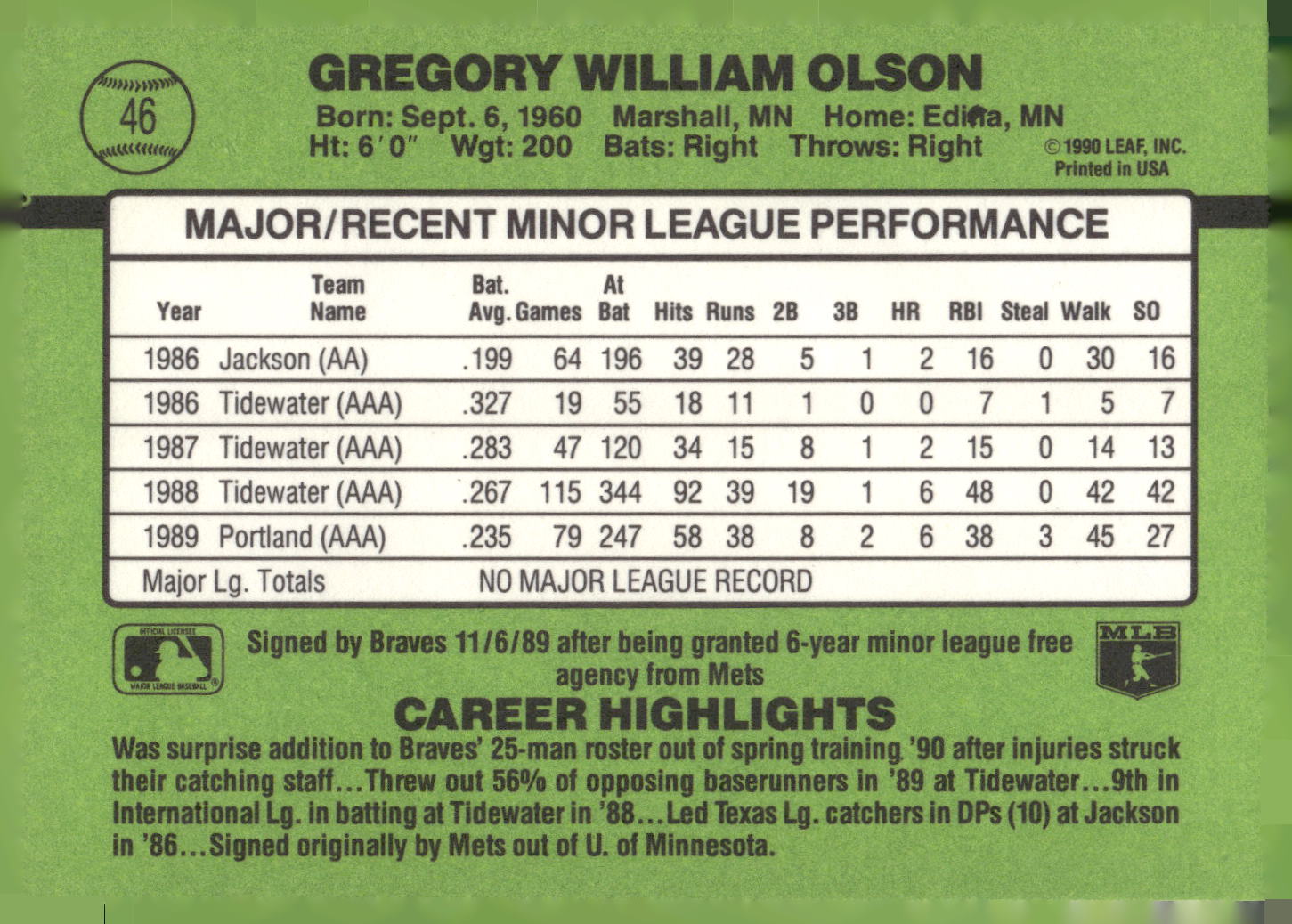1990 Donruss The Rookies #46 Greg Olson