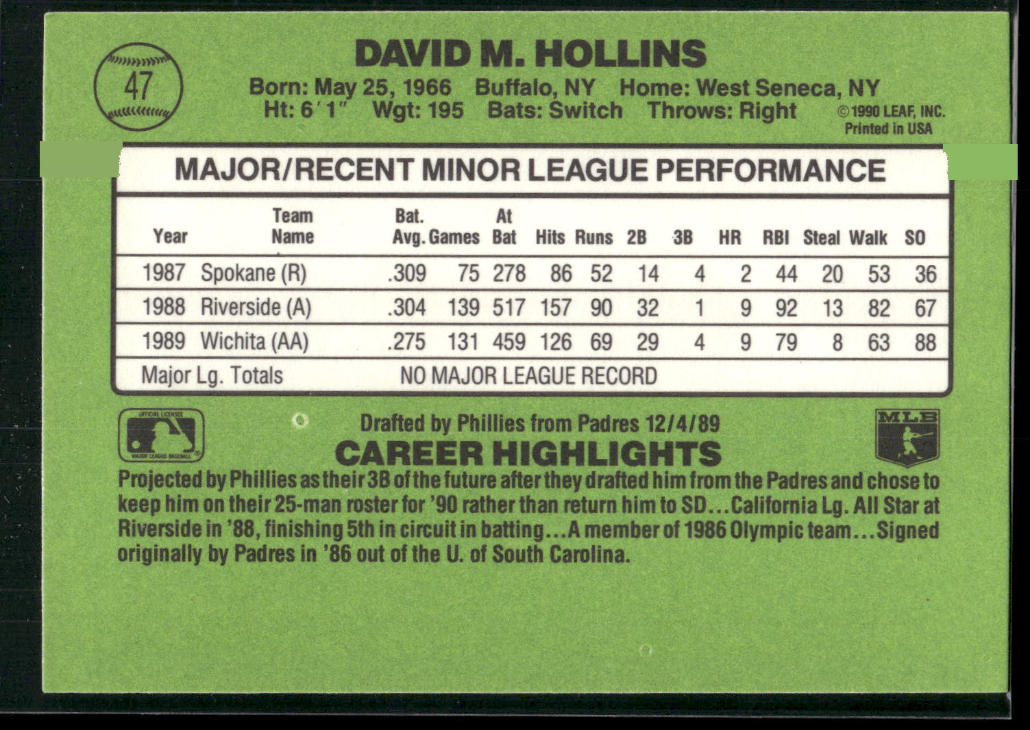1990 Donruss The Rookies #47 Dave Hollins