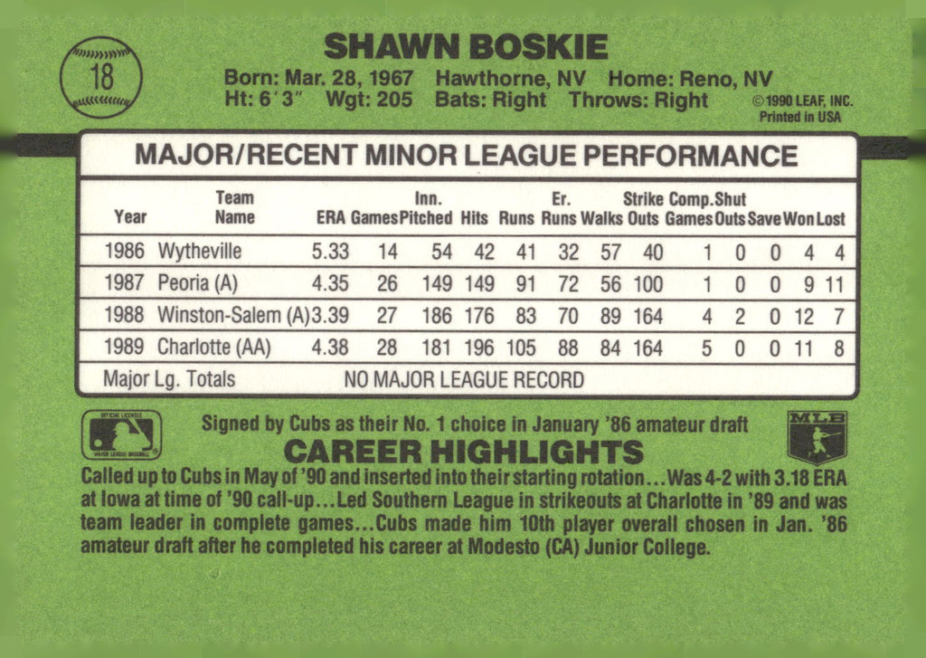 1990 Donruss The Rookies #18 Shawn Boskie
