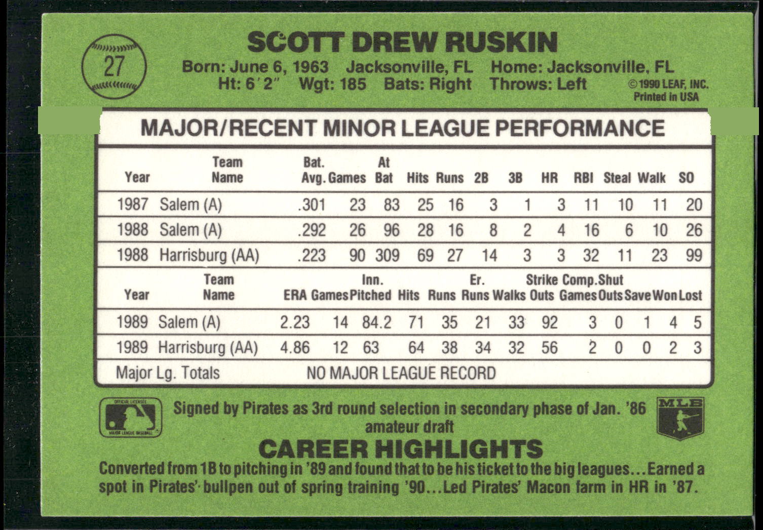 1990 Donruss The Rookies #27 Scott Ruskin