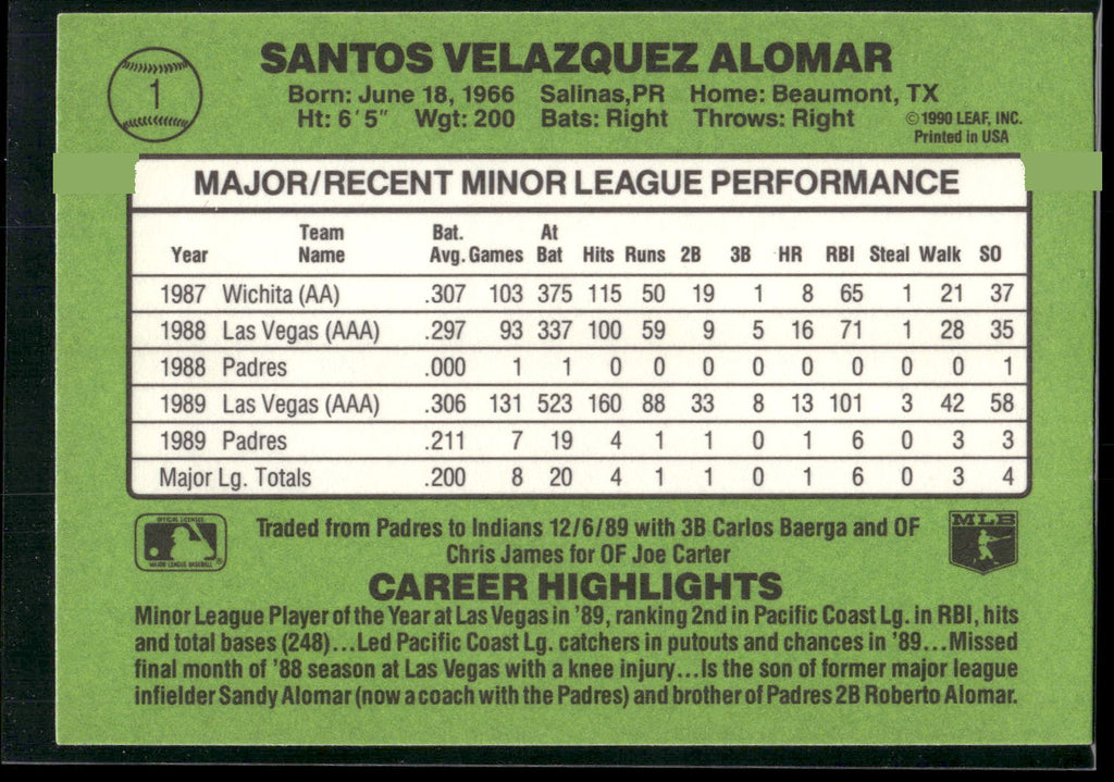 1990 Donruss The Rookies #1 Sandy Alomar
