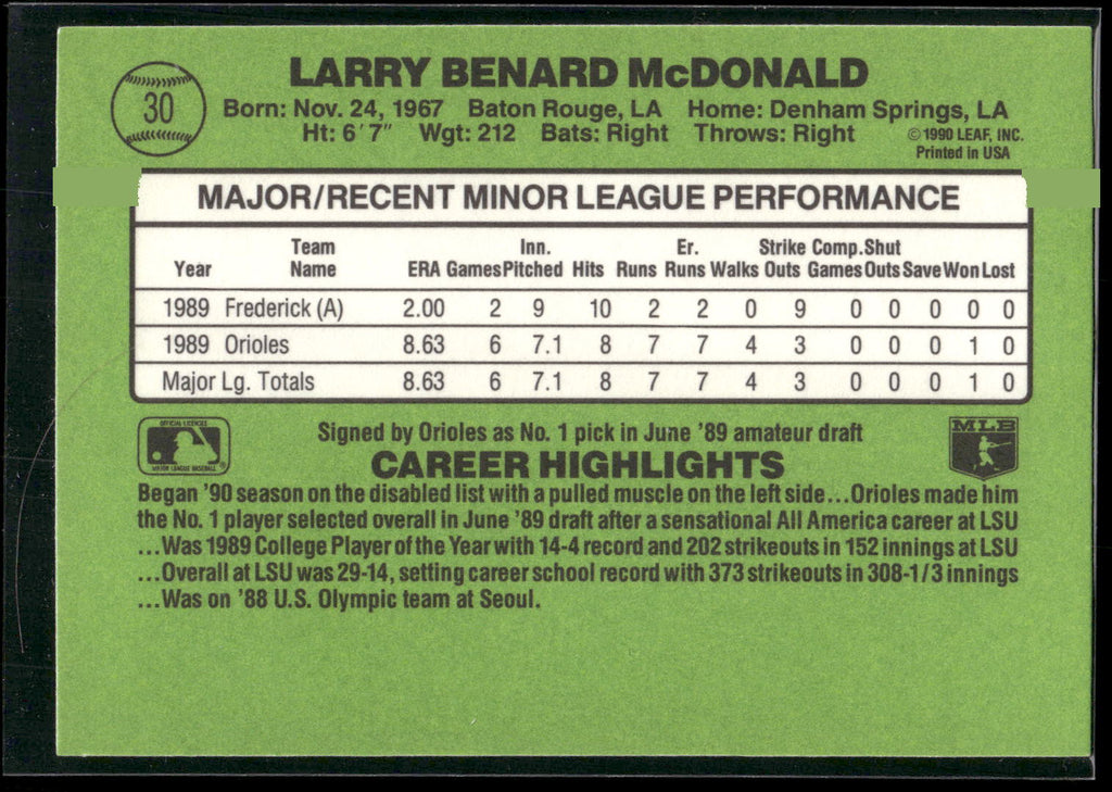 1990 Donruss The Rookies #30 Ben McDonald