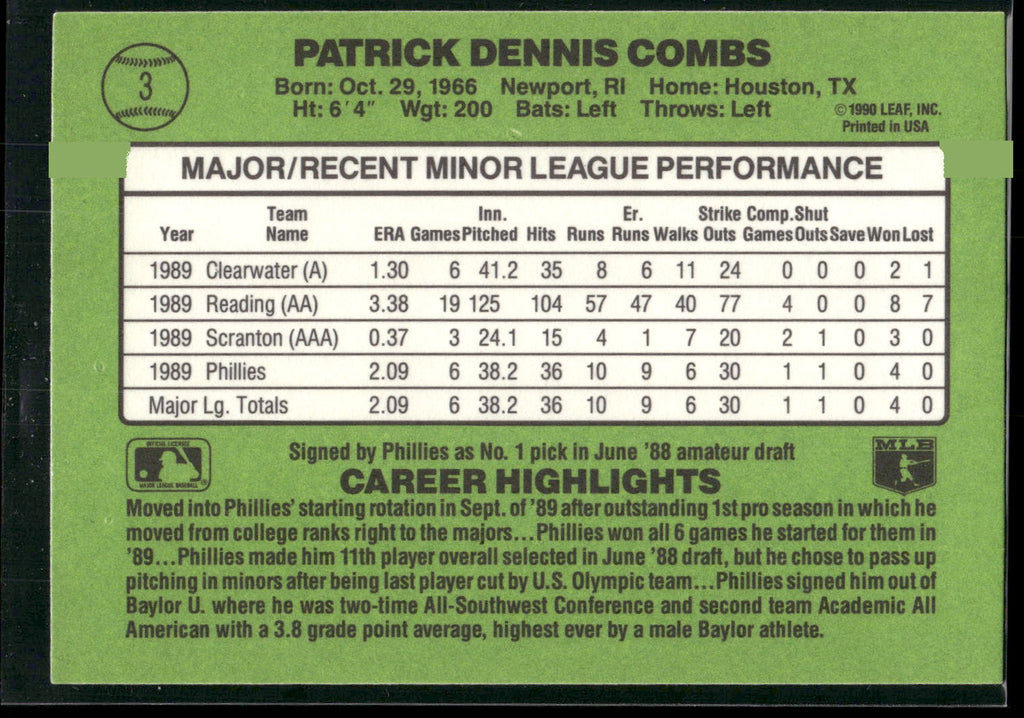 1990 Donruss The Rookies #3 Pat Combs