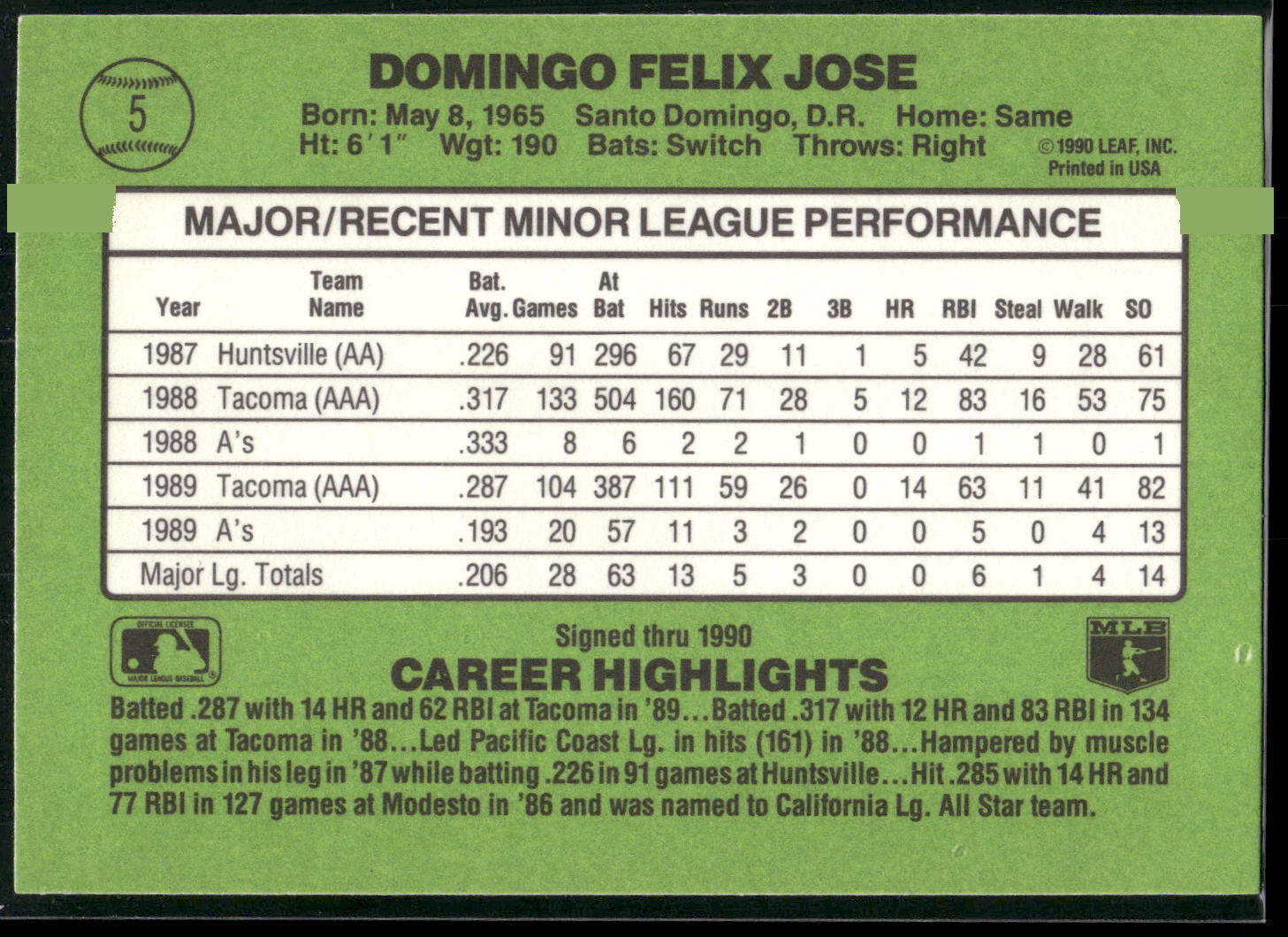 1990 Donruss The Rookies #5 Felix Jose
