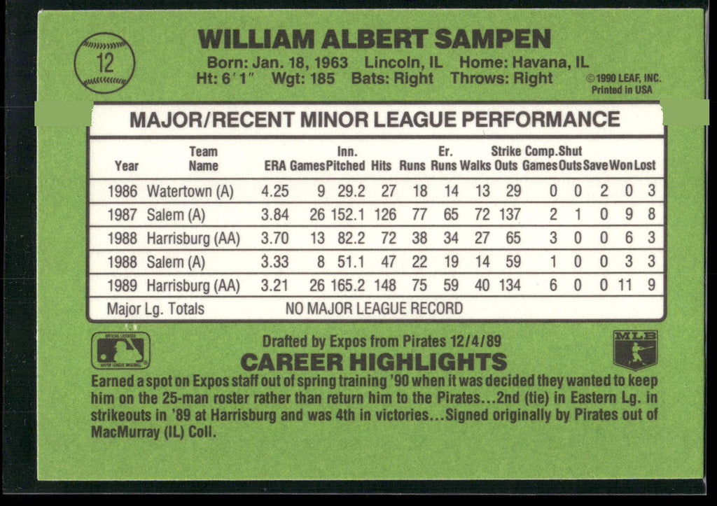 1990 Donruss The Rookies #12 Bill Sampen