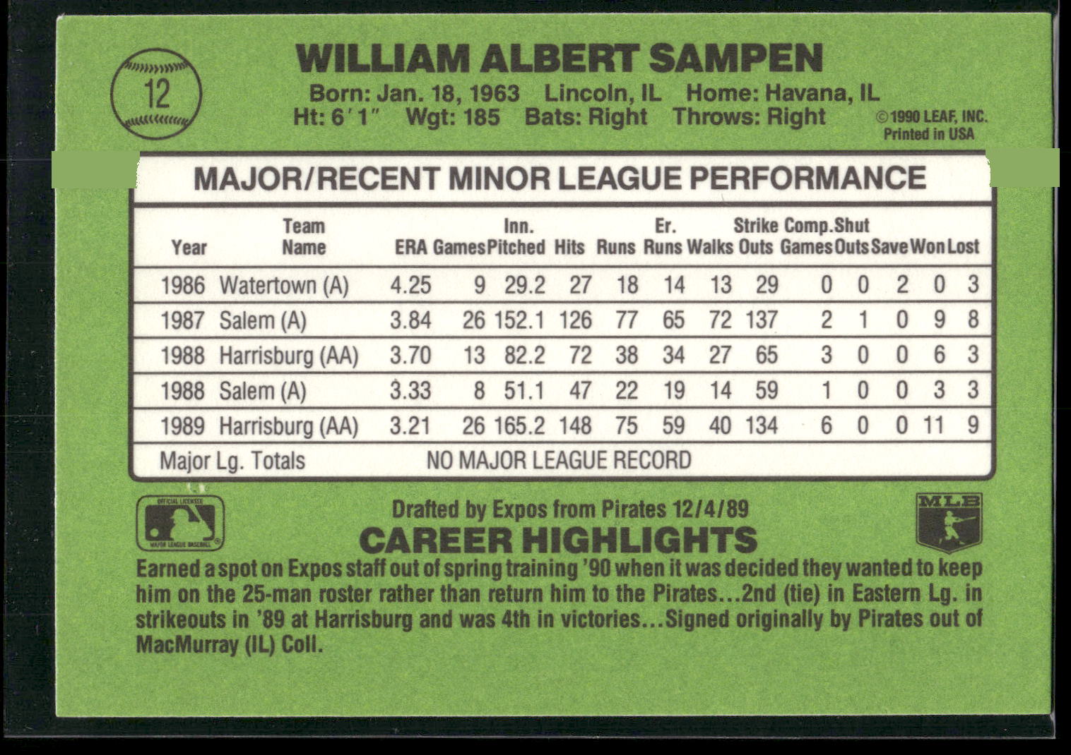 1990 Donruss The Rookies #12 Bill Sampen