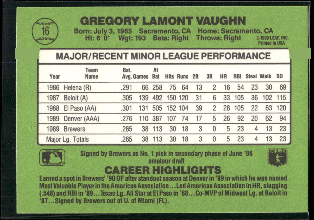 1990 Donruss The Rookies #16 Greg Vaughn