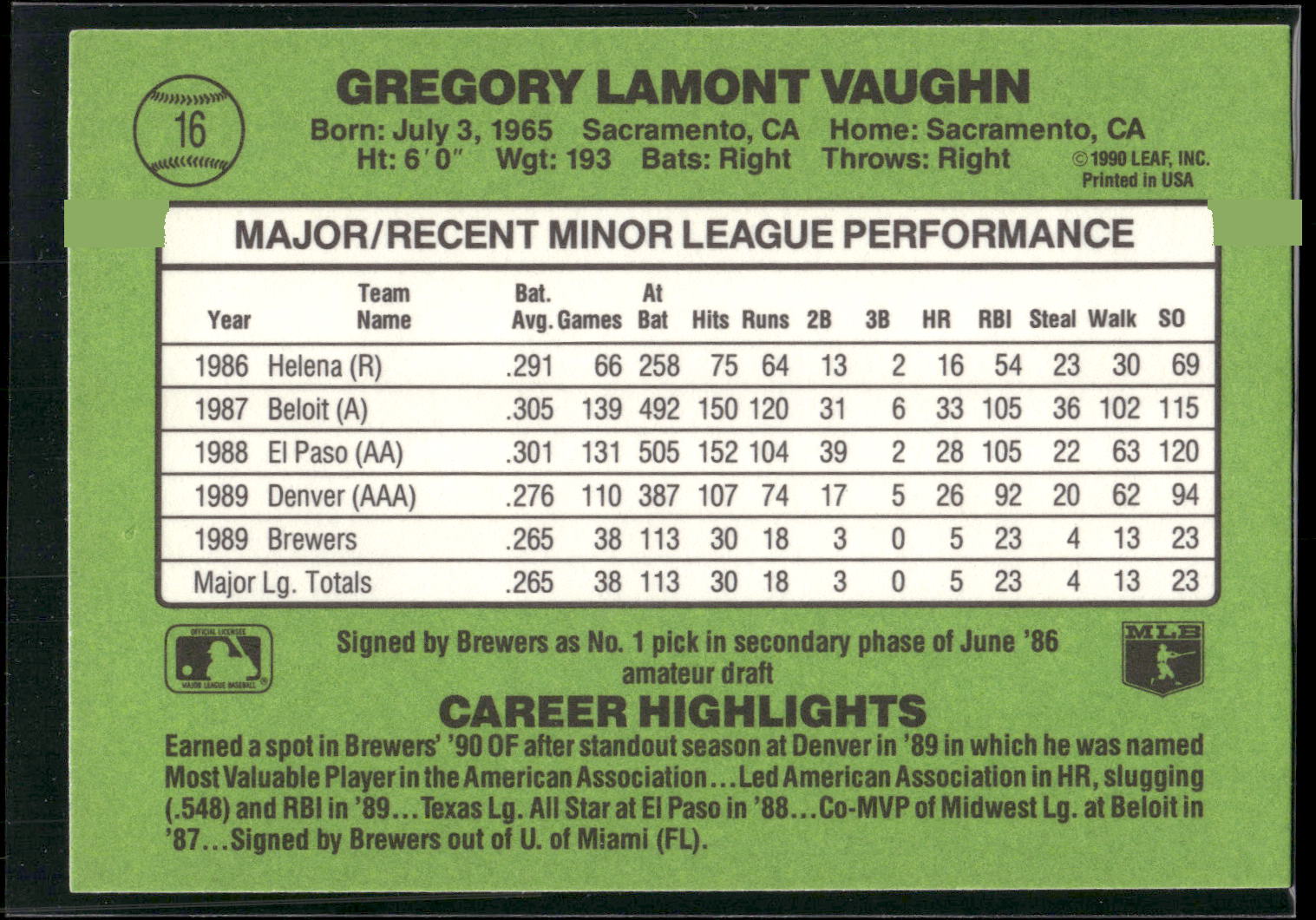 1990 Donruss The Rookies #16 Greg Vaughn