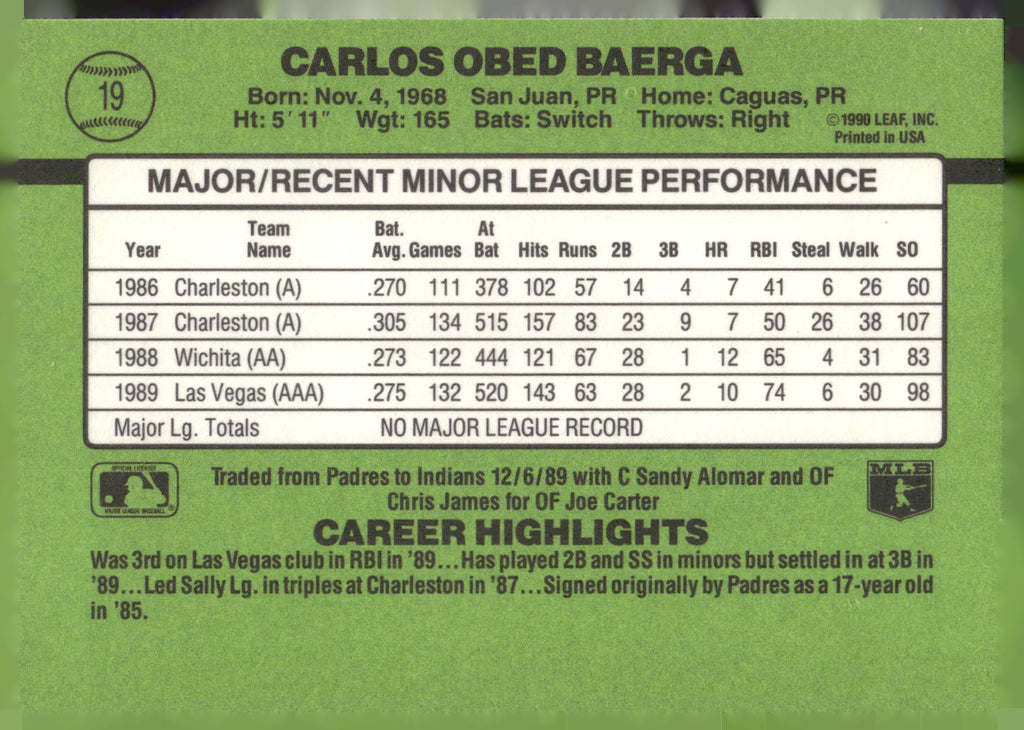 1990 Donruss The Rookies #19 Carlos Baerga