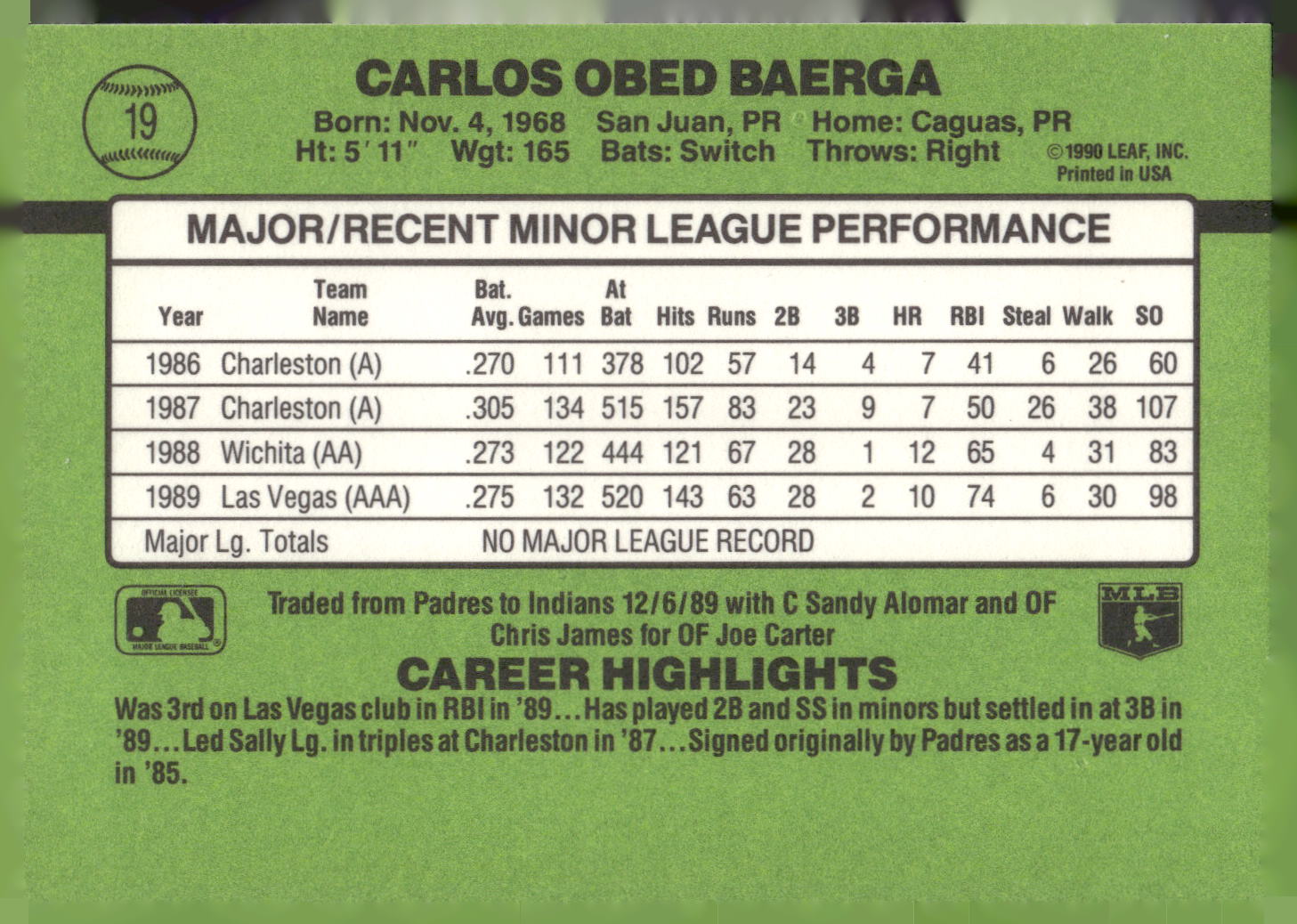 1990 Donruss The Rookies #19 Carlos Baerga