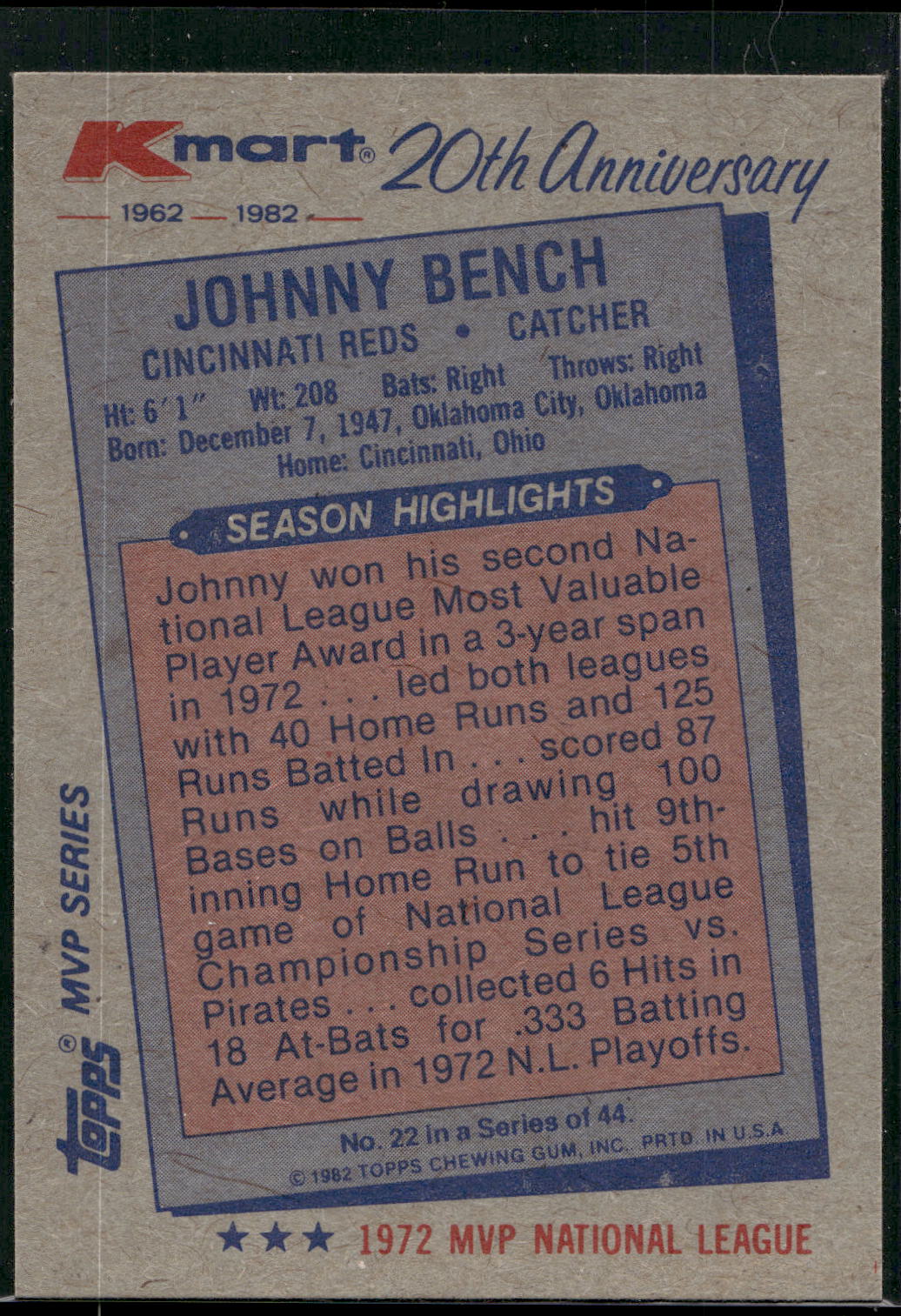 1982 Topps Kmart 20th Anniversary AL & NL MVP's #22 Johnny Bench