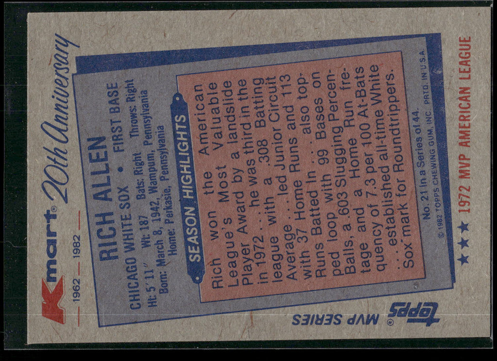 1982 Topps Kmart 20th Anniversary AL & NL MVP's #21 Rich Allen