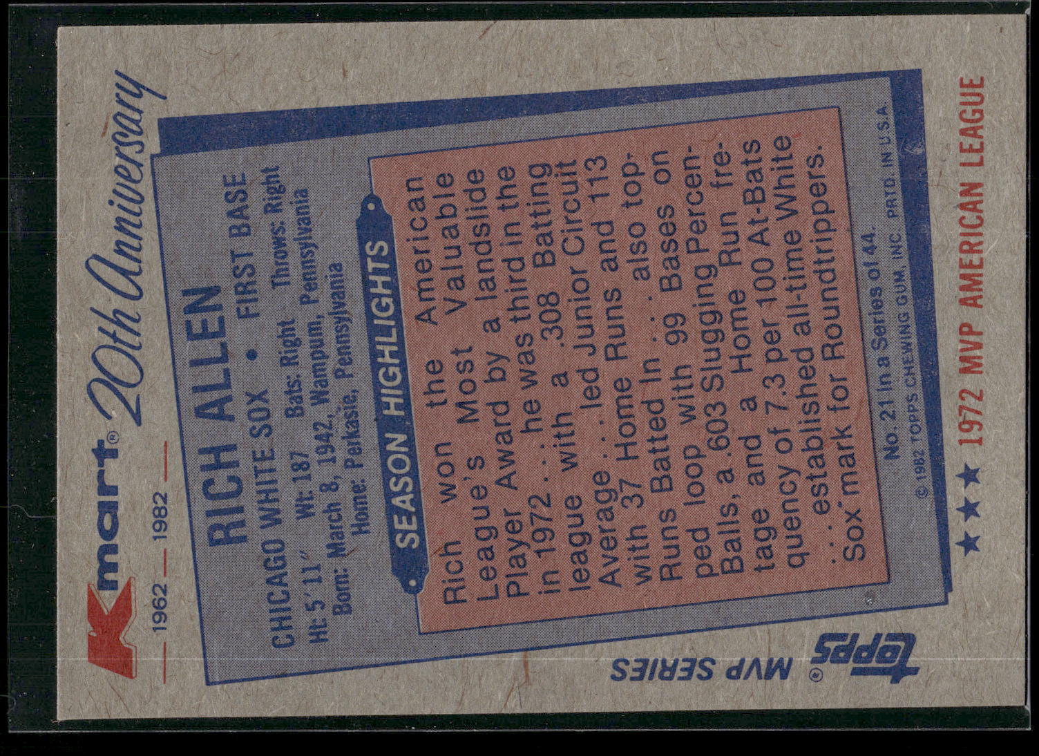 1982 Topps Kmart 20th Anniversary AL & NL MVP's #21 Rich Allen