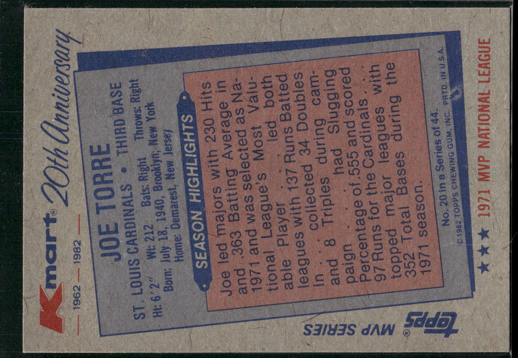 1982 Topps Kmart 20th Anniversary AL & NL MVP's #20 Joe Torre