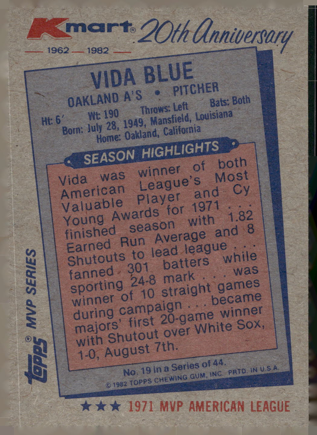 1982 Topps Kmart 20th Anniversary AL & NL MVP's #19 Vida Blue