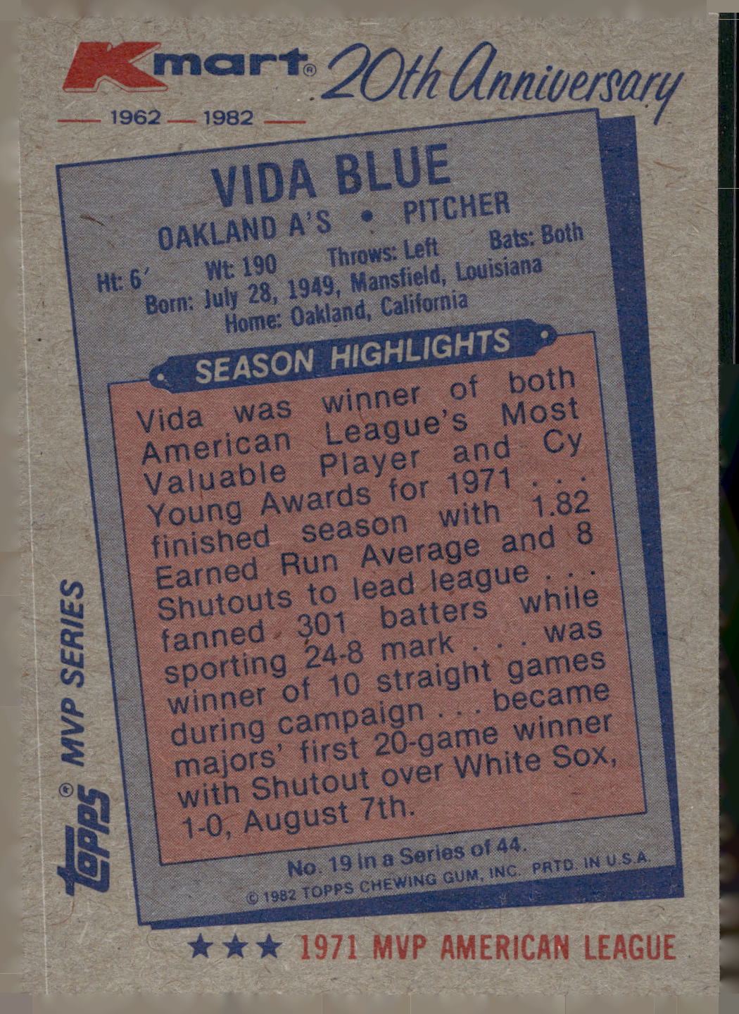 1982 Topps Kmart 20th Anniversary AL & NL MVP's #19 Vida Blue