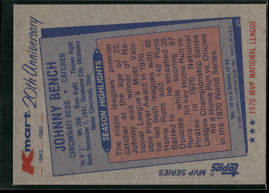 1982 Topps Kmart 20th Anniversary AL & NL MVP's #18 Johnny Bench